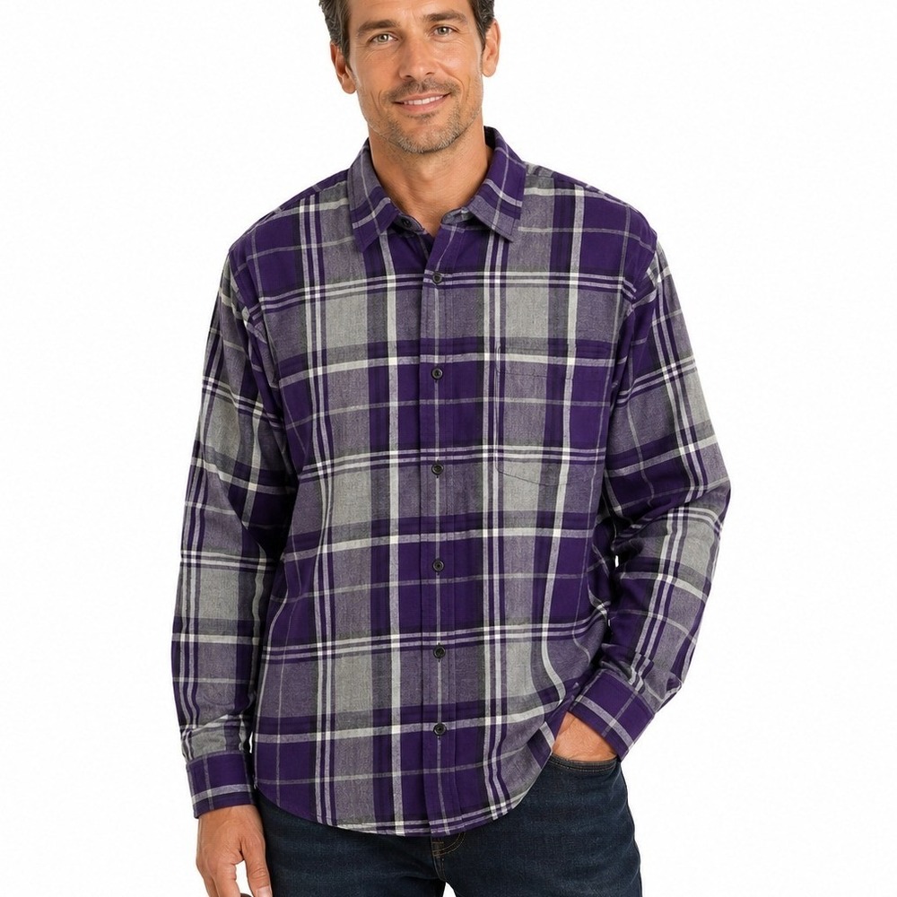 J. Ferrar Mens Slim Fit Plaid Button Down Shirt Purple Grey‎ White Cotton Large